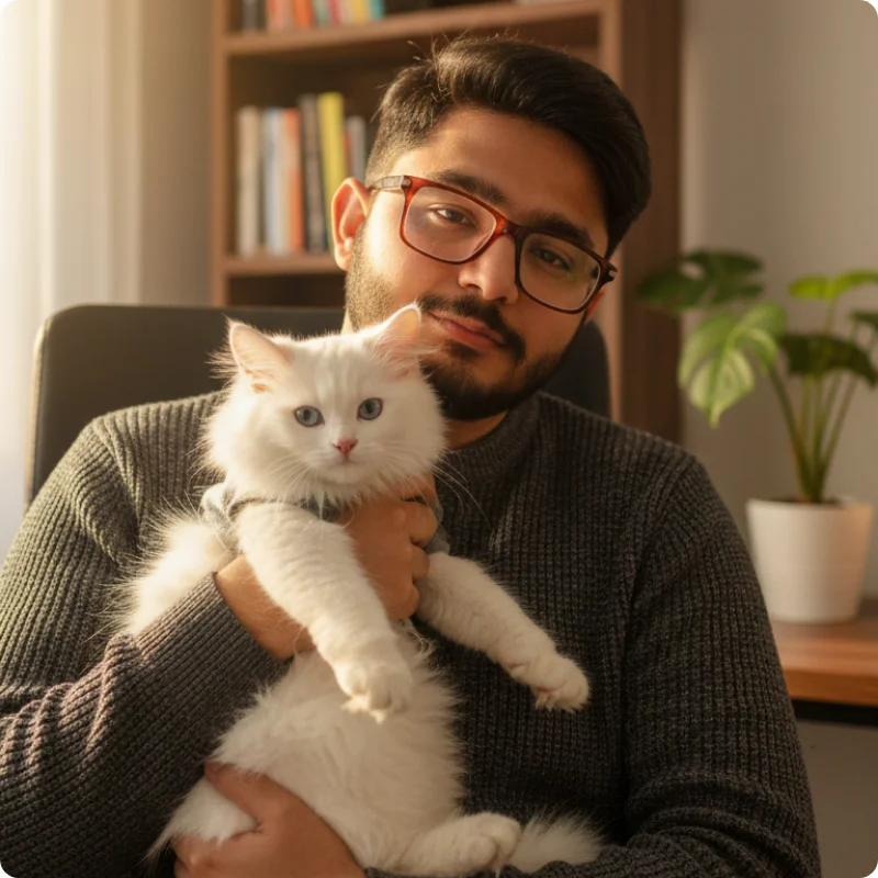 About Us 1 Ahsan Ali, the founder of Cats Mastery, wearing glasses and a grey sweater, holding a fluffy white cat in a cozy home office setting.