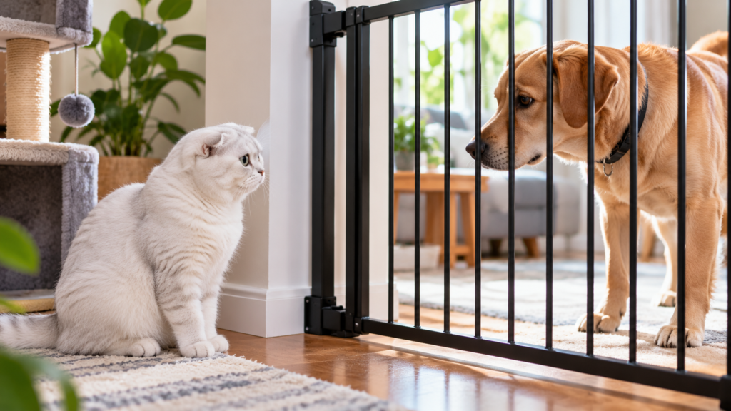 White Scottish Fold cat observing a tan dog through a secure indoor pet gate