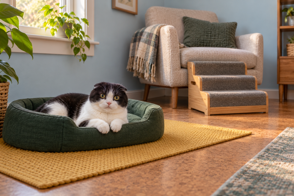 Black-and-white Scottish Fold resting in a green bed, with pet steps leading to an armchair.