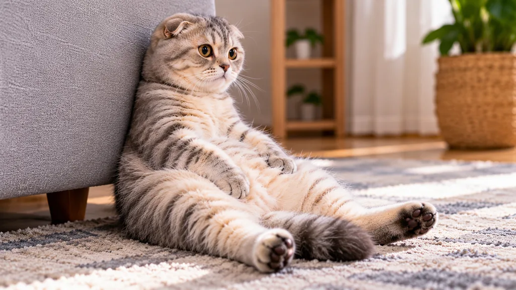 Scottish Fold in a Buddha sitting position with hind legs stretched forward