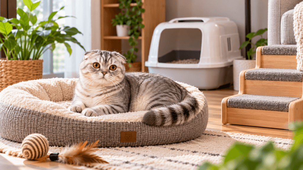Scottish Fold cat resting in a cozy bed with pet stairs and litter box nearby