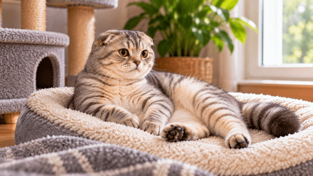 Scottish Fold resting comfortably on a soft low bed indoors