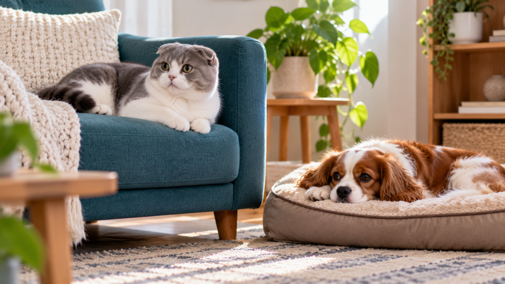 Scottish Folds and dogs relaxing separately, with a gray-and-white cat on an armchair and a small brown-and-white dog on its bed