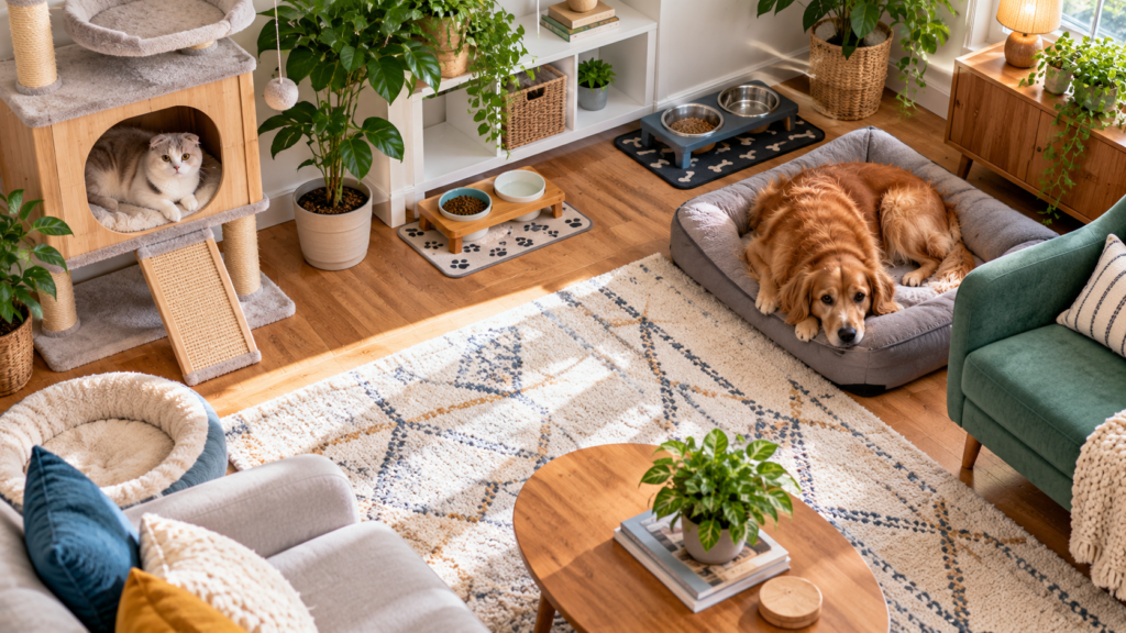 Scottish Fold cat resting in a wooden cat hideaway while a golden dog relaxes on a separate bed in a pet-friendly living room