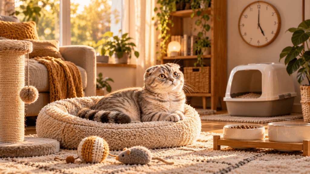 Scottish Fold cat in a prepared home with food, water, toys, bed, scratching post, and litter box