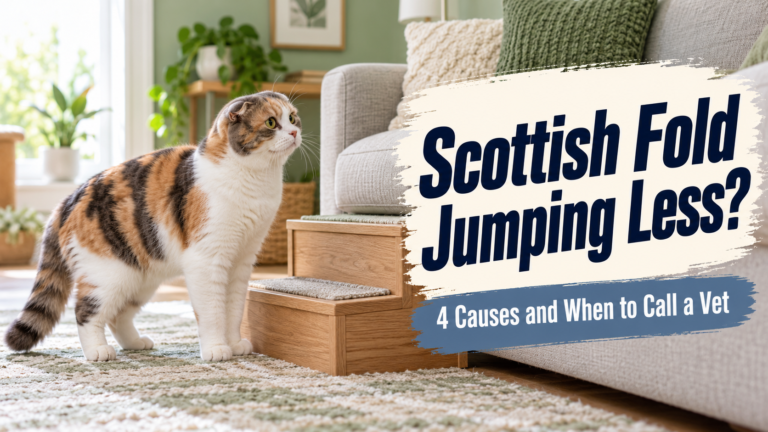 Home 17 Scottish Fold jumping guide cover showing a calico cat beside carpeted pet steps and a sofa.