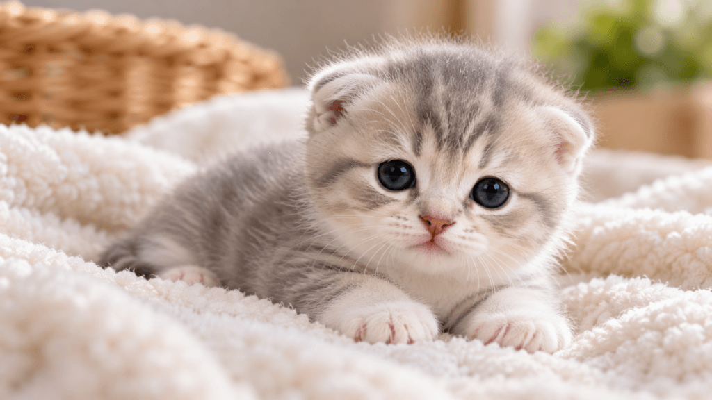 Young cream-colored kitten resting on a blanket with small developing ears