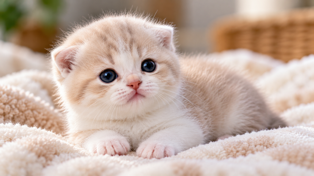Young cream-colored kitten resting on a blanket with small developing ears