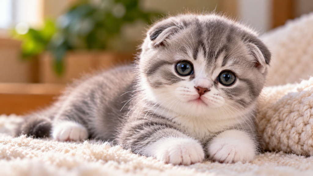 Gray and white Scottish Fold kitten with naturally folded ears resting on a soft rug