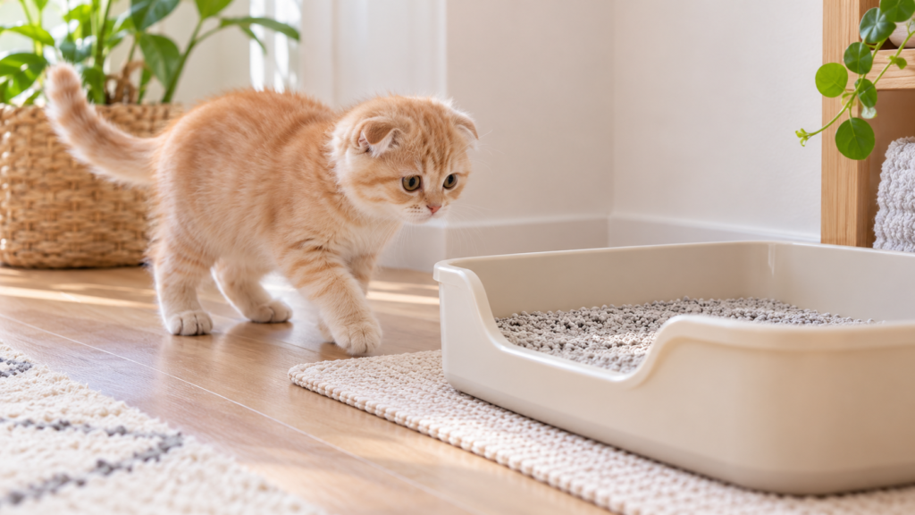 Scottish Fold Kitten Litter Training with a ginger kitten approaching a low-entry litter box