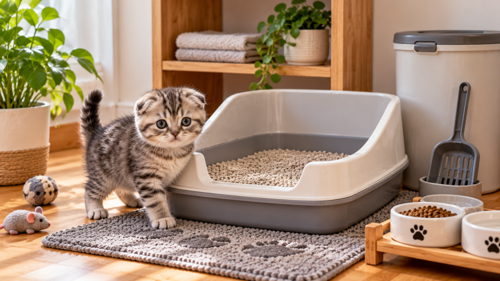 Scottish Fold Kitten Litter Training setup with a clean litter box and scoop