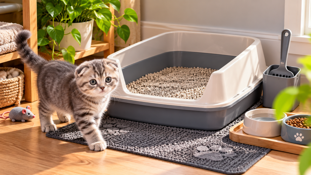Scottish Fold Kitten Litter Training setups with a gray tabby kitten beside