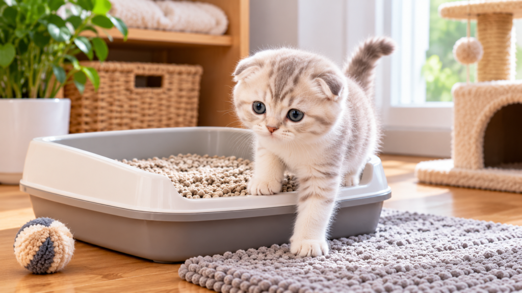 Scottish Fold Kitten Litter Training with a cream-colored kitten stepping out of a low-entry litter box