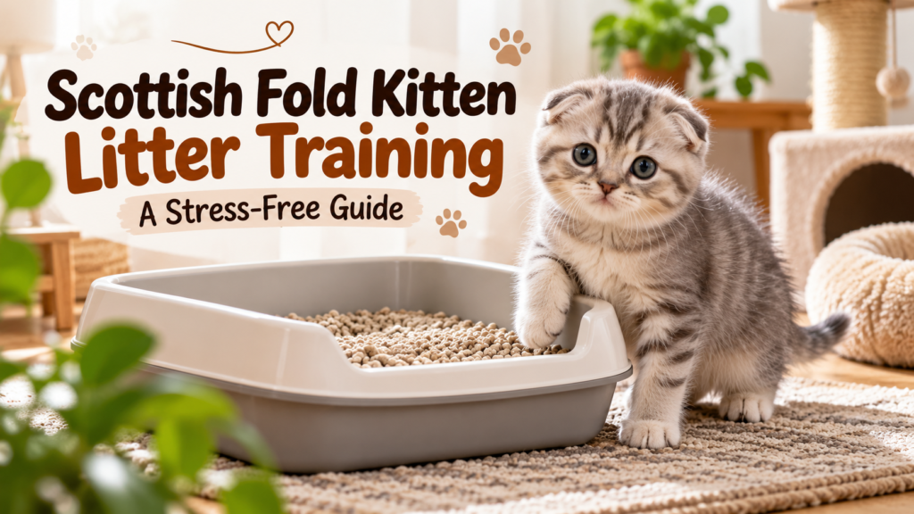 Scottish Fold Kitten Litter Training guide with a gray tabby kitten beside a low-entry litter box