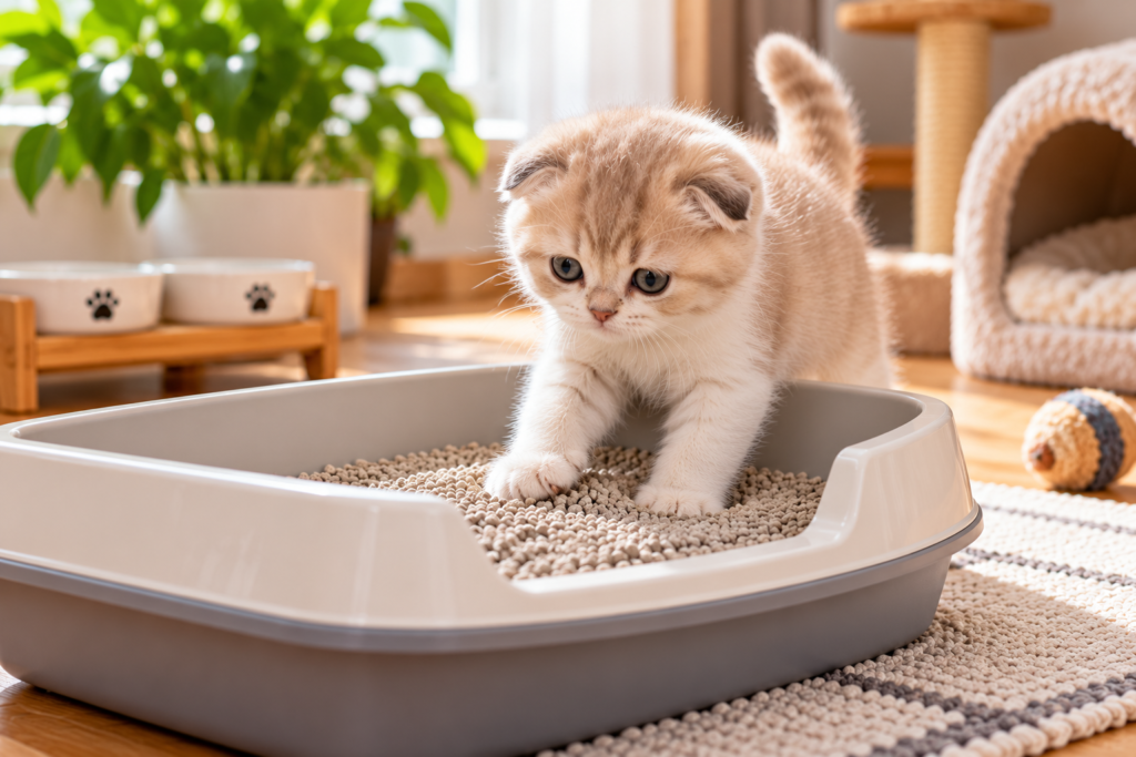 A young Scottish Fold kitten becoming familiar with its litter tray during a gentle training routine.