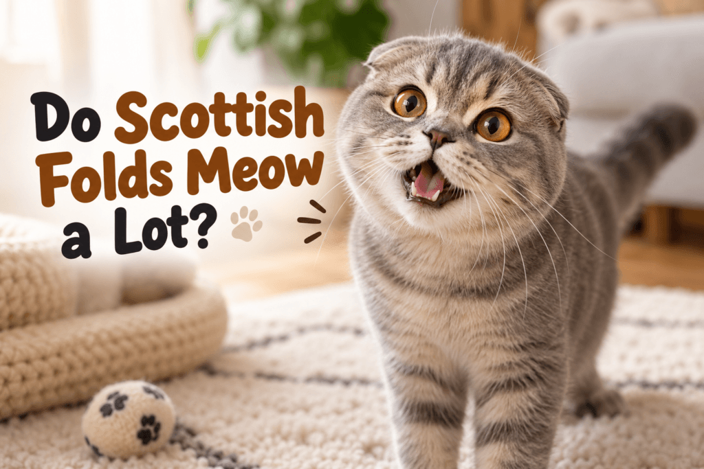 Scottish Fold meowing with its mouth open in a cozy living room