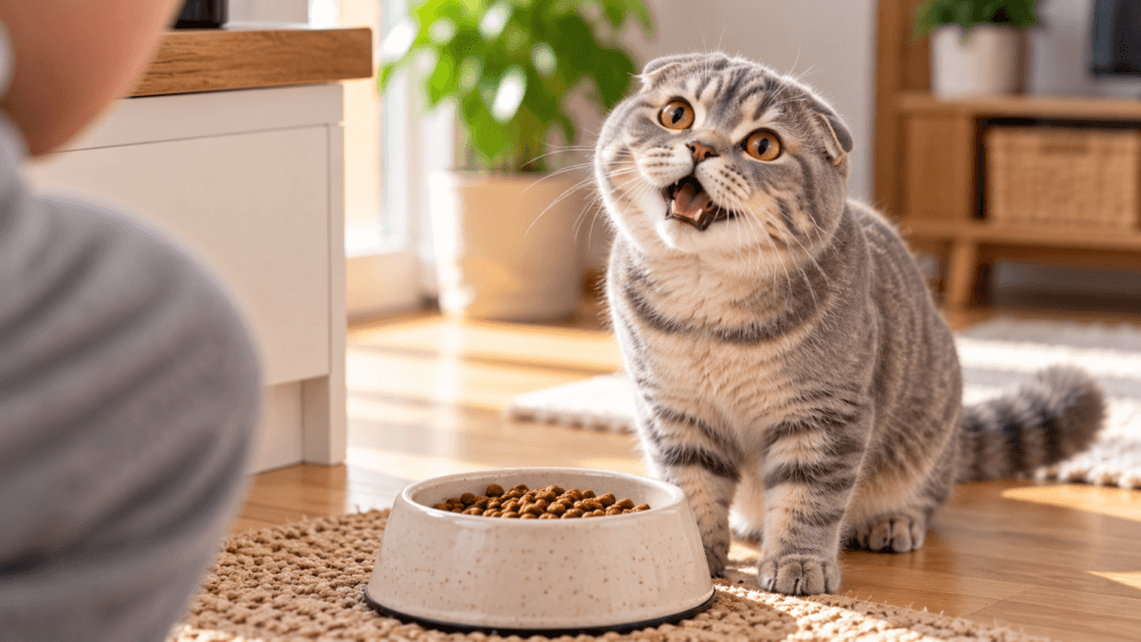 Scottish Fold meowing for food beside a bowl of dry cat food