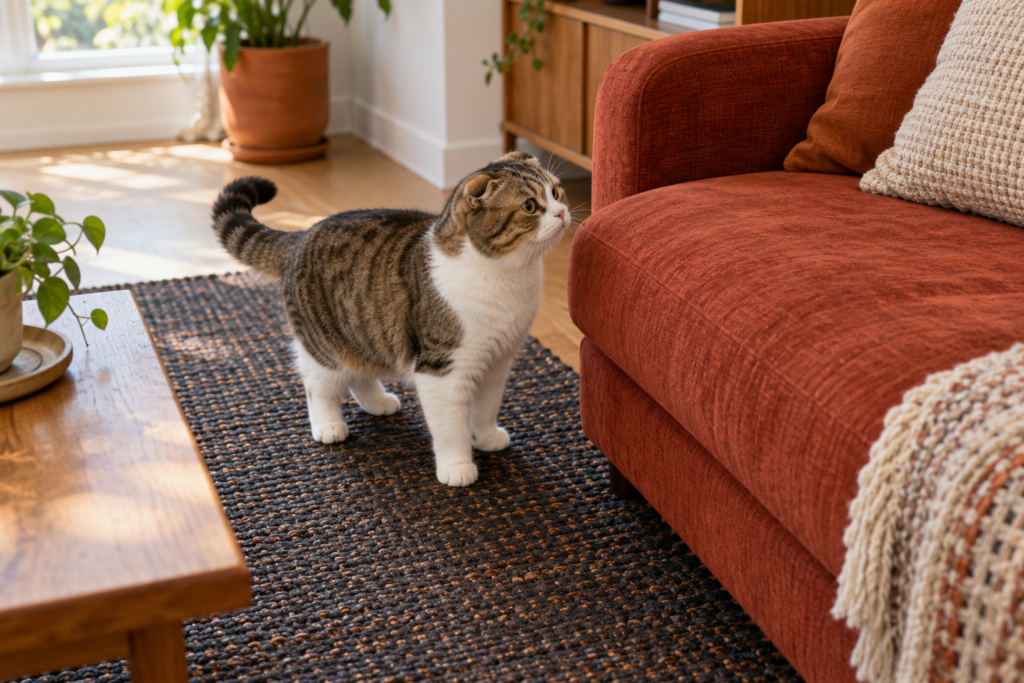 Brown tabby-and-white Scottish Fold standing on a dark rug beside a rust-red sofa.