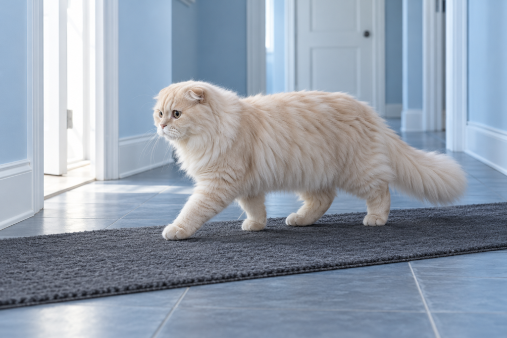 Cream longhair Scottish Fold walking across a dark runner in a blue hallway.