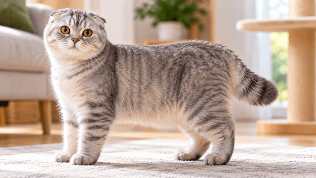 Gray Scottish Fold cat standing indoors with its short thick tail visible