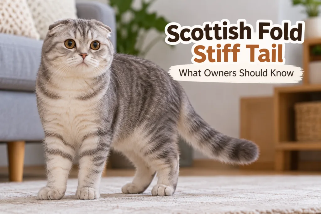 Home 21 Scottish Fold stiff tail shown on a gray tabby cat standing indoors