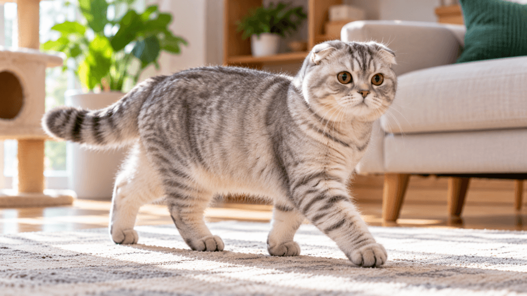 Scottish Fold tail movement shown as a gray tabby cat walks across a living room