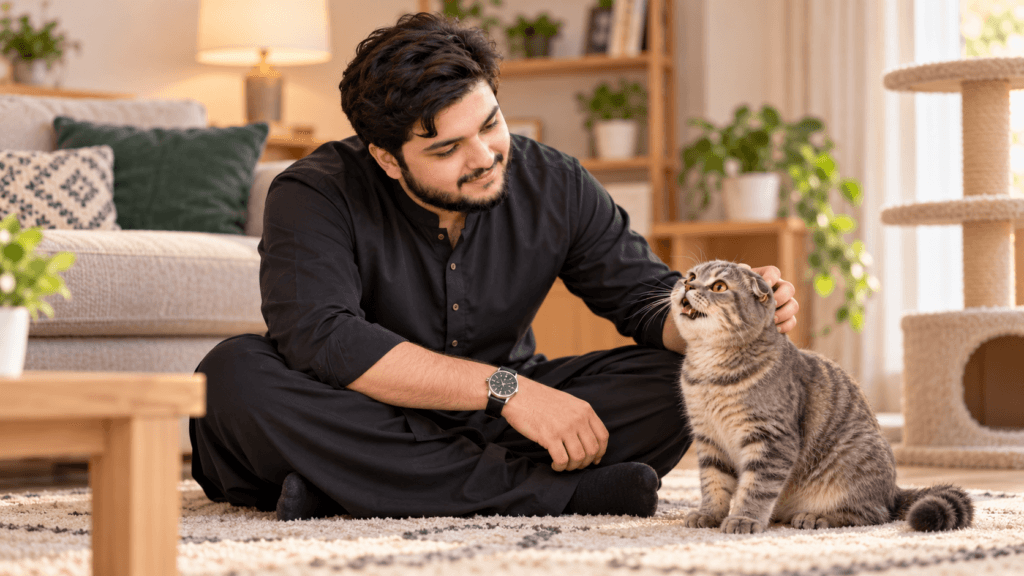 Scottish Fold meowing while its owner gently pets its head