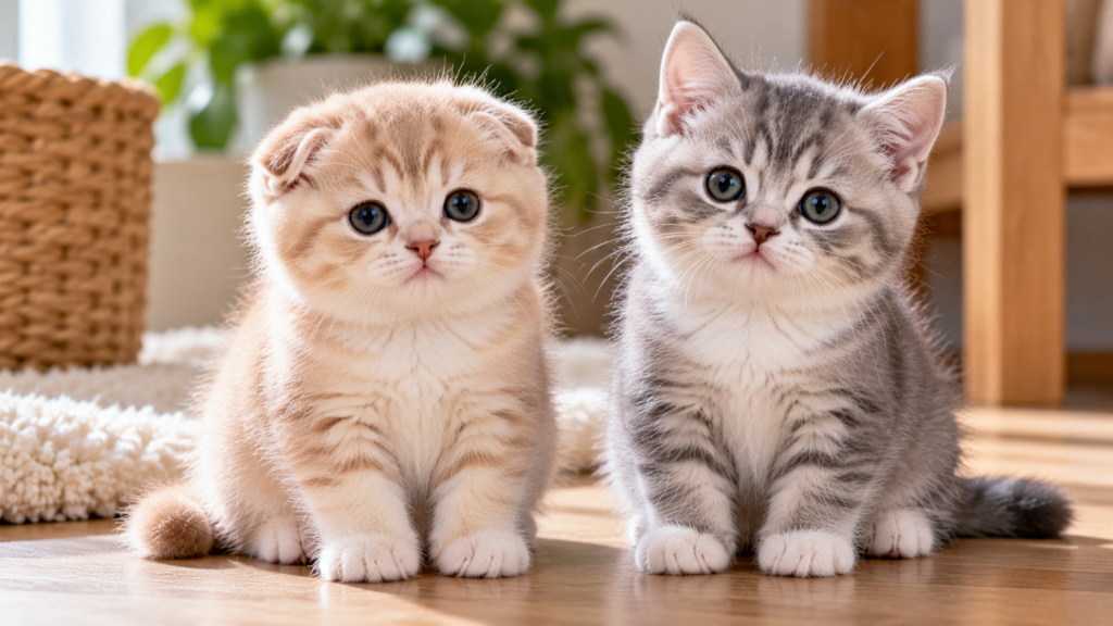 Scottish Fold kitten with folded ears beside a Scottish Straight kitten with upright ears