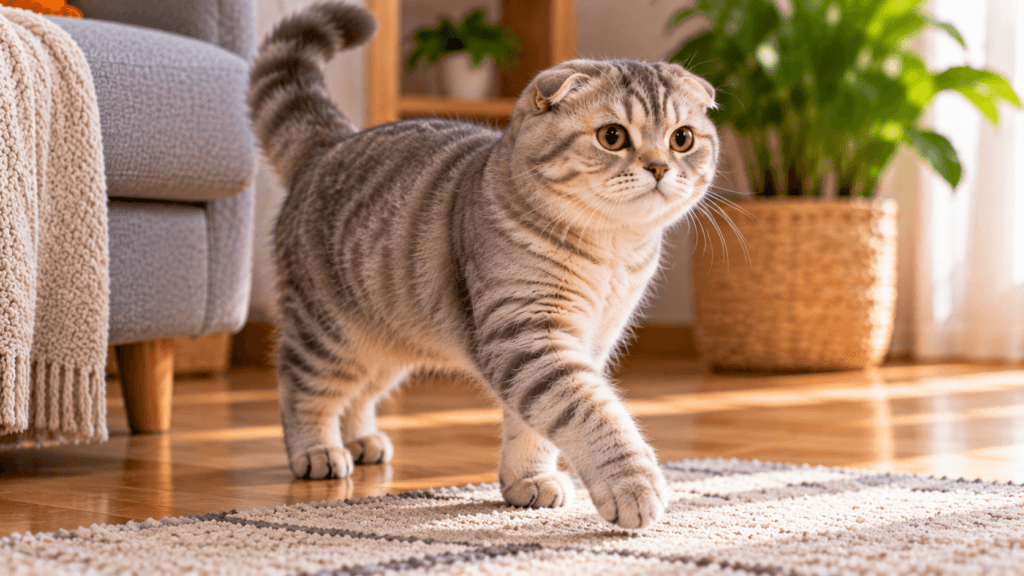 Scottish Fold walking naturally across a living room floor