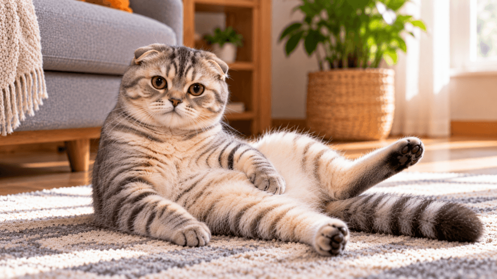 Scottish Fold sitting in a weird position with one hind leg stretched out