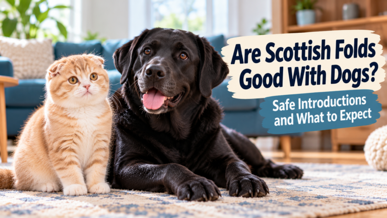 Home 12 Scottish Folds and dogs resting together, with a ginger Scottish Fold cat beside a black Labrador in a living room